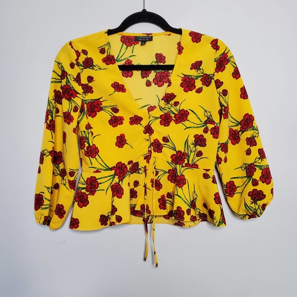 TOPSHOP • Yellow Red Floral Print Short Sleeve Cropped Blouse Sz 4 - Picture 2 of 8